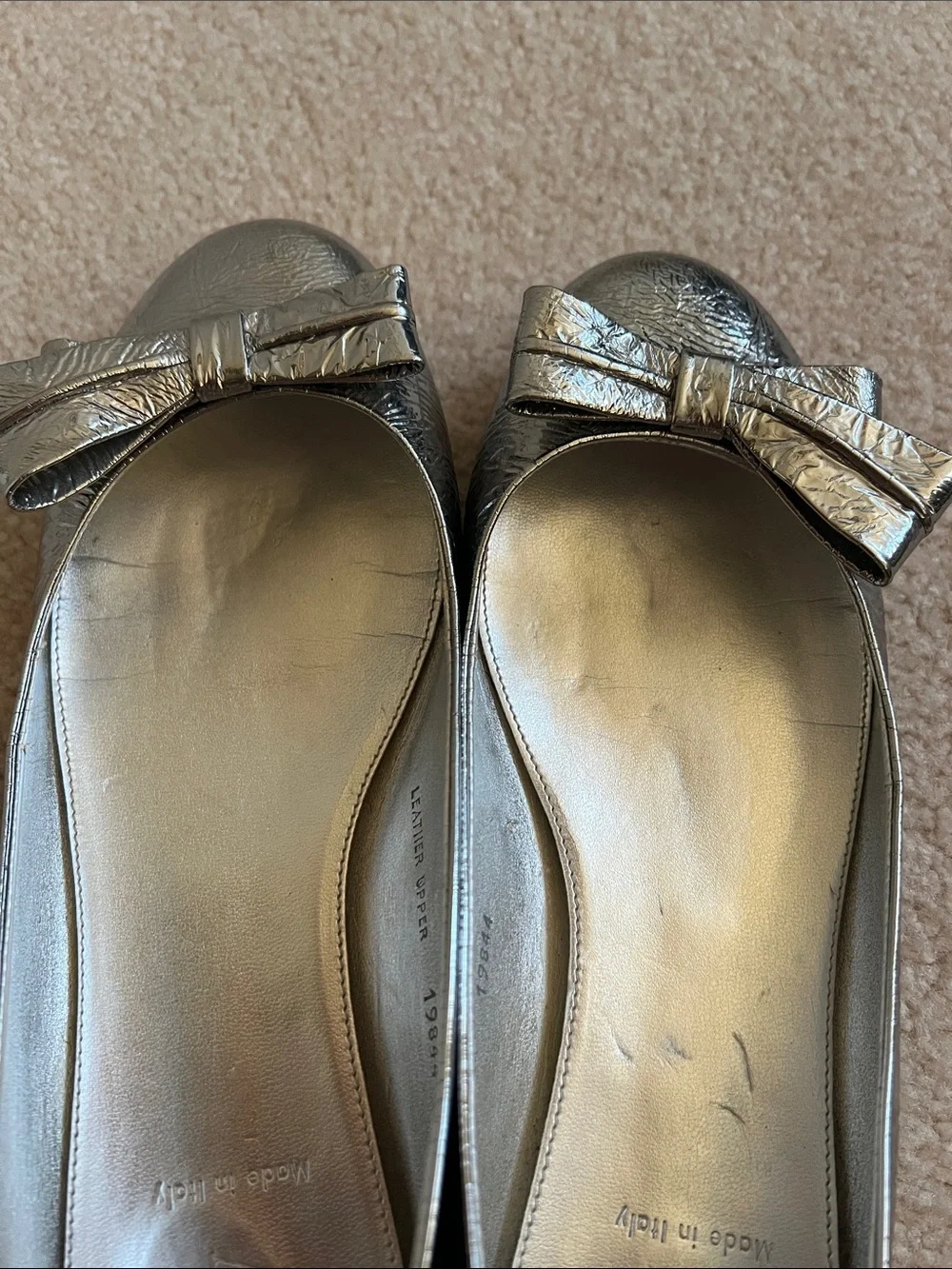 J.Crew Metallic Silver Bow Ballet Flats Size 9.5 Made in Italy Leather
